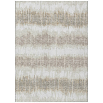 3' X 5' Ivory Beige Striped Washable Indoor Outdoor Area Rug