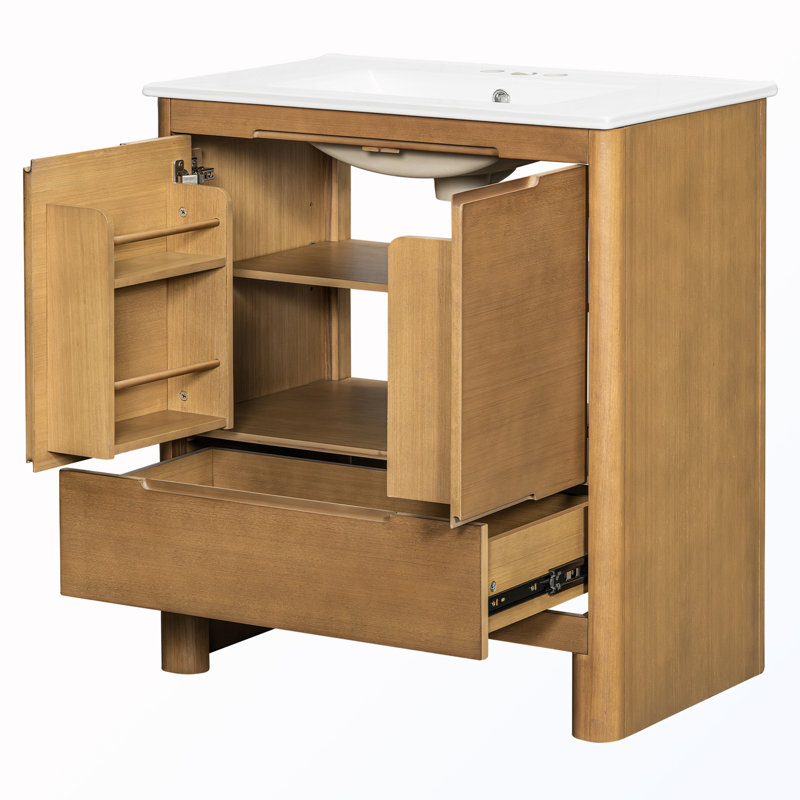 Meuble-lavabo de salle de bain avec lavabo en céramique avec portes et tiroir à fermeture en douceur et tablette réglable