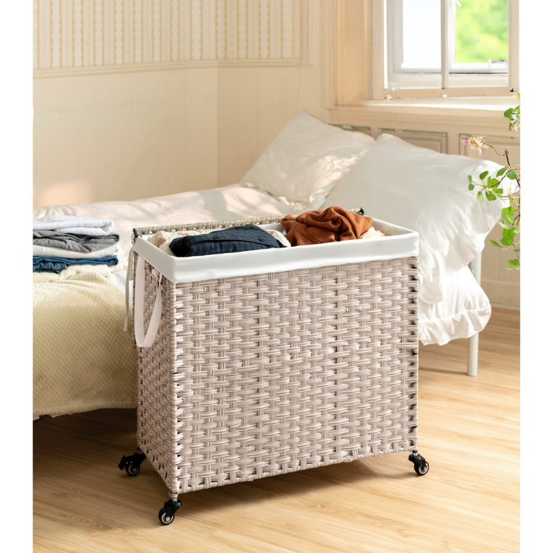 Panier à linge avec couvercle PE en rotin thermolaqué, Gris clair