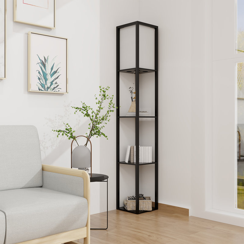 Floor Lamp with 3 Layers Wooden Shelves, Modern 160cm Standing Light Reading Lamp for Living Room, Yes, Black