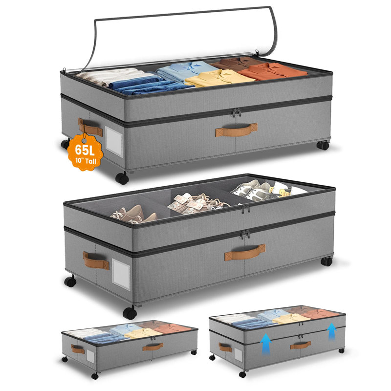 Under Bed Storage with Wheels, Rolling Bins with Lids, 2 Pack, (Grey), Gray