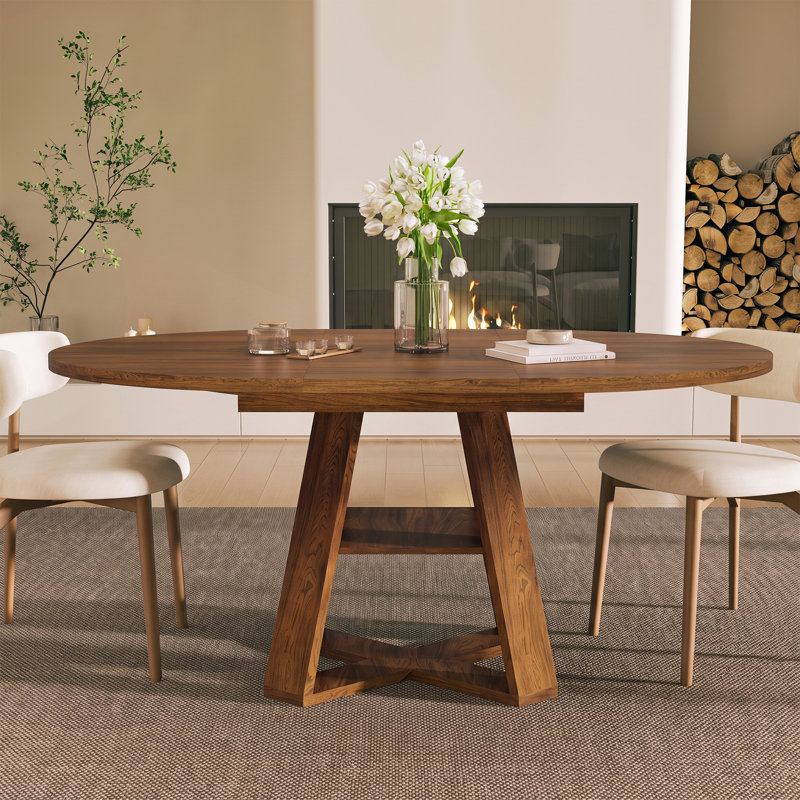 Table de salle à manger ronde extensible de 43,3" à 60" avec rangement dissimulé et piètement en croix, pour 4 à 6 personnes