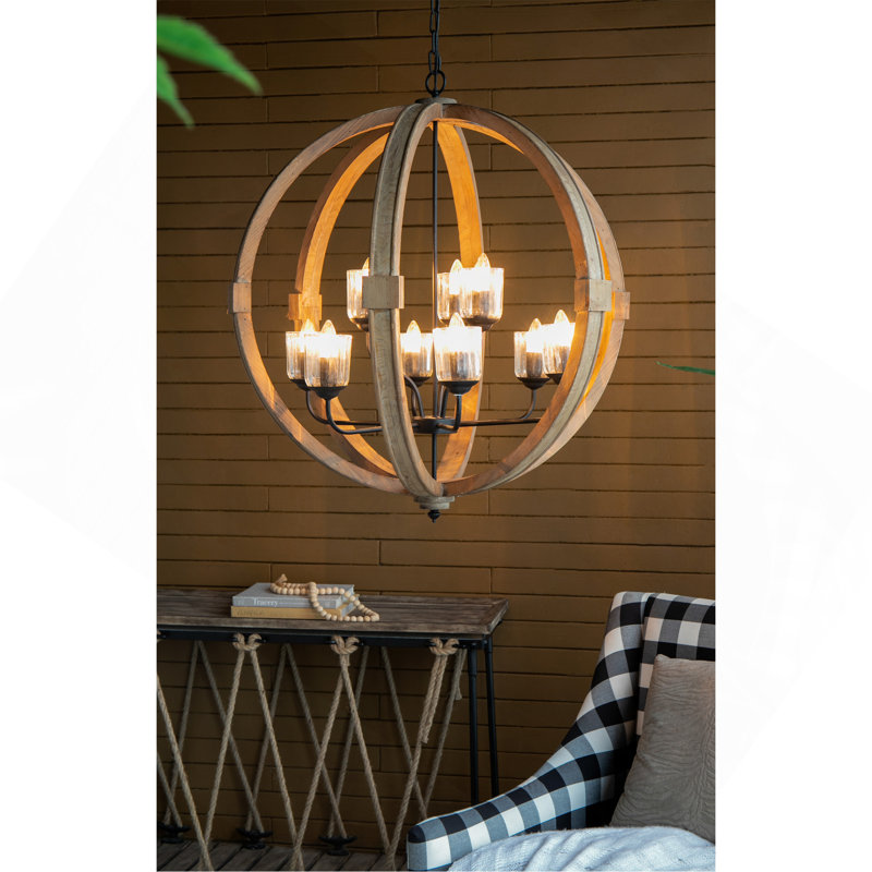 9- Light Globe Chandelier, Wood Chandelier Hanging Light Fixture With Adjustable Chain For Kitchen Dining Room Foyer Entryway, Bulb Not Included