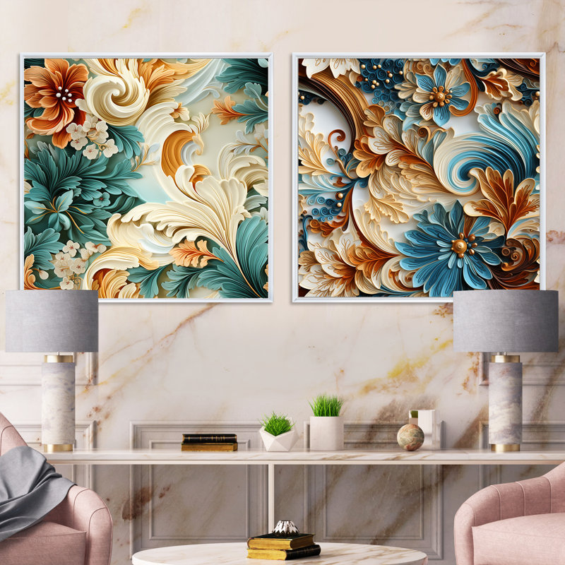 Scunthorpe - Ensemble de 2 collages carrés botaniques abstraits, Cadre flottant blanc, H 30 po x l 61 po