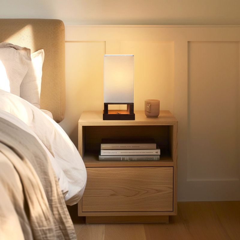 Maxwell 14 in. LED Bedside Table Lamp with Fabric Square Shade Bundle (Set of 2), Brown, 2700K