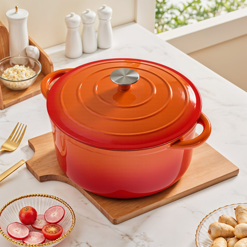 Living And Home Cast Iron Round Dutch Oven, Orange, 5 litres
