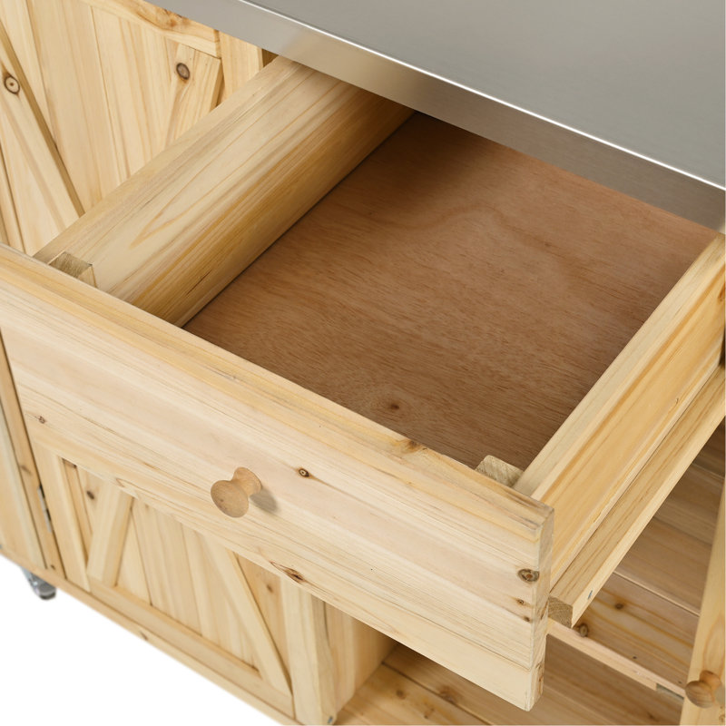 Outdoor Kitchen Worktop - Fir Wood & Stainless Steel, Ample Storage, Towel Spice , Bottle Opener, Movable With Lockable Wheels Construction Practical Center Build, Steel Foldable Top, Storage