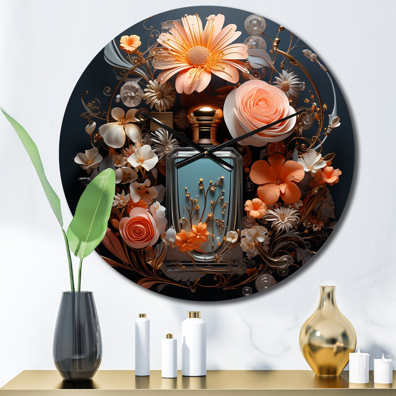 Horloge murale en forme de bouteille de parfum avec fleurs roses, Petit