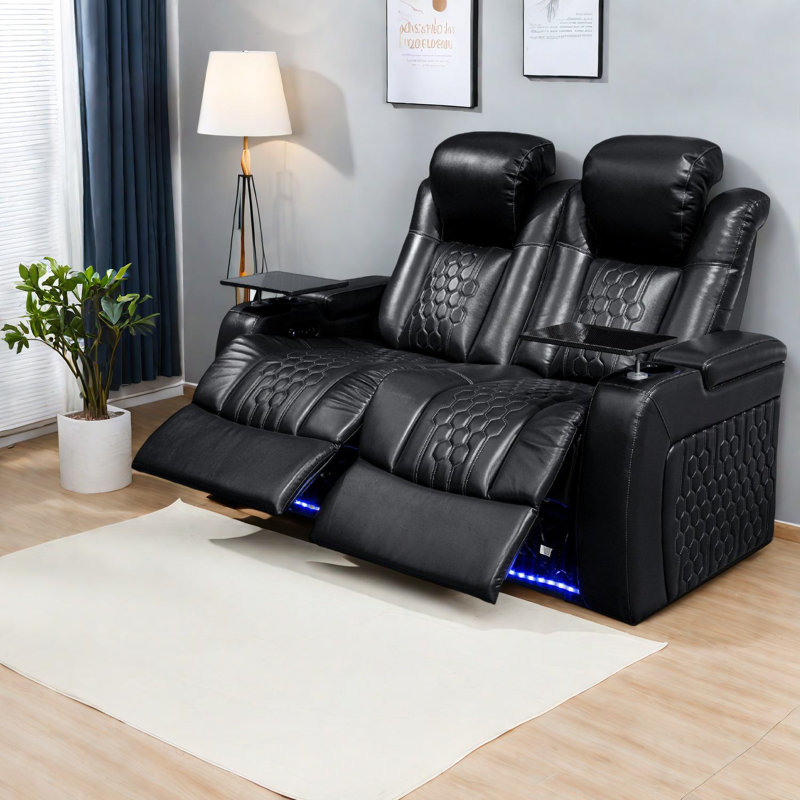 Luxury Black Leather Reclining Sofa, Adjustable Comfort For Entertaining