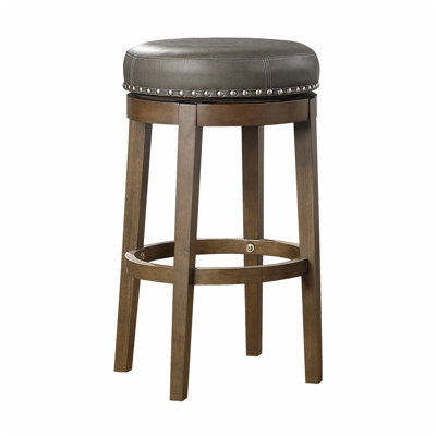 Ensemble de 2 tabourets de bar pivotants ronds avec garniture cloutée, similicuir gris et structure en bois massif au fini brun