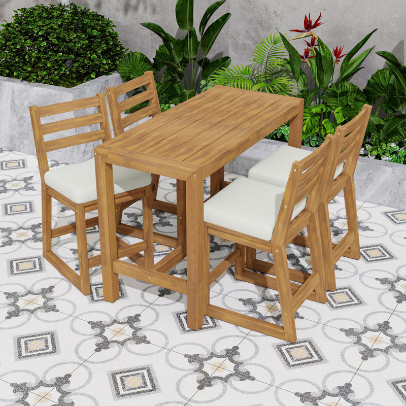 Ensemble de table de salle à manger d'extérieur rustique 5 pièces avec plateau à lattes, chaises ergonomiques et coussins amovibles