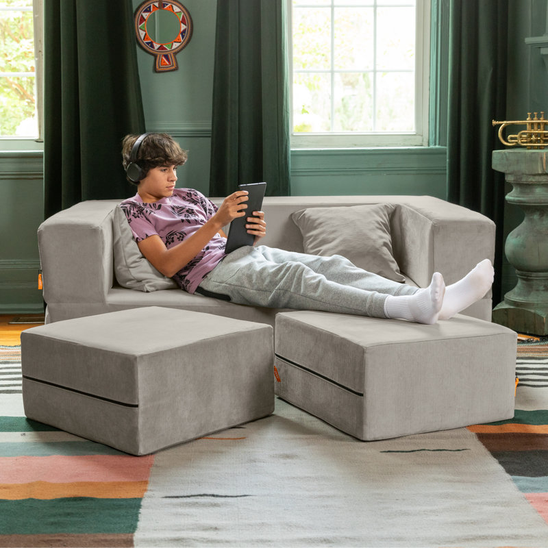 Shontae Zipline Convertible Compression Sleeper Loveseat, Ottomans & Pillows, Textured Microvelvet, Gray