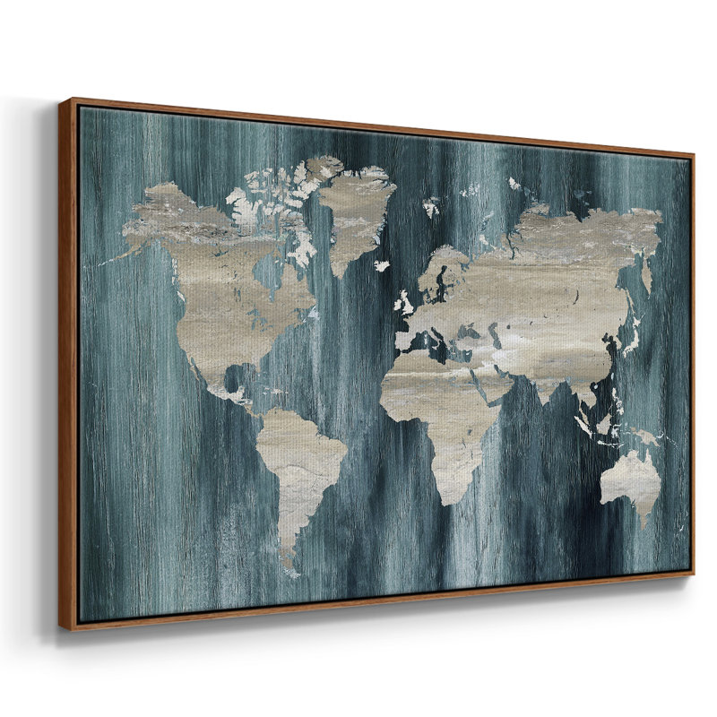 Carte du monde marine imprimée sur toile, Noyer, H 17 po x l 25 po x P 2 po