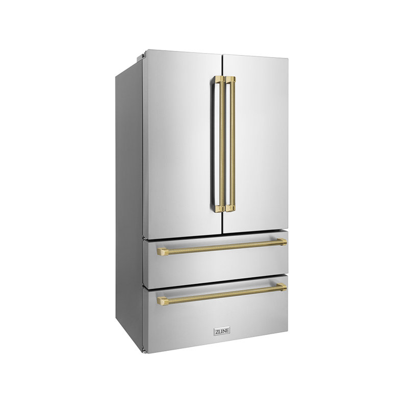 ZLINE Autograph 36 in. Stainless Counter-Depth Fridge w/ Water Dispenser & Gold Helix Handles, Polished Nickel