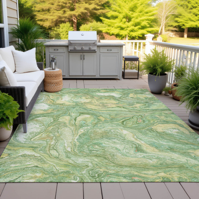 Machine Washable Indoor/Outdoor Xhevrie Green Rug, Rectangle 10' x 14'
