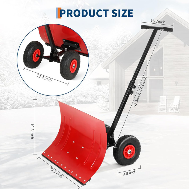 Heavy Duty Snow Shovel with Wheels,Steel Dual Handle Push Snow Pusher Shovel for Driveway Snow Removal, 5-Position Angle & Height Adjustable Handle, Sidewalk Yard Snow Plow