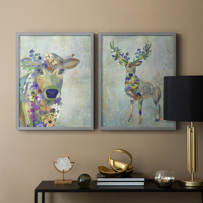 Fantastic Florals Cow - reproduction encadrée de qualité supérieure - prête à être accrochée - aucun clou requis - aucun clou requis