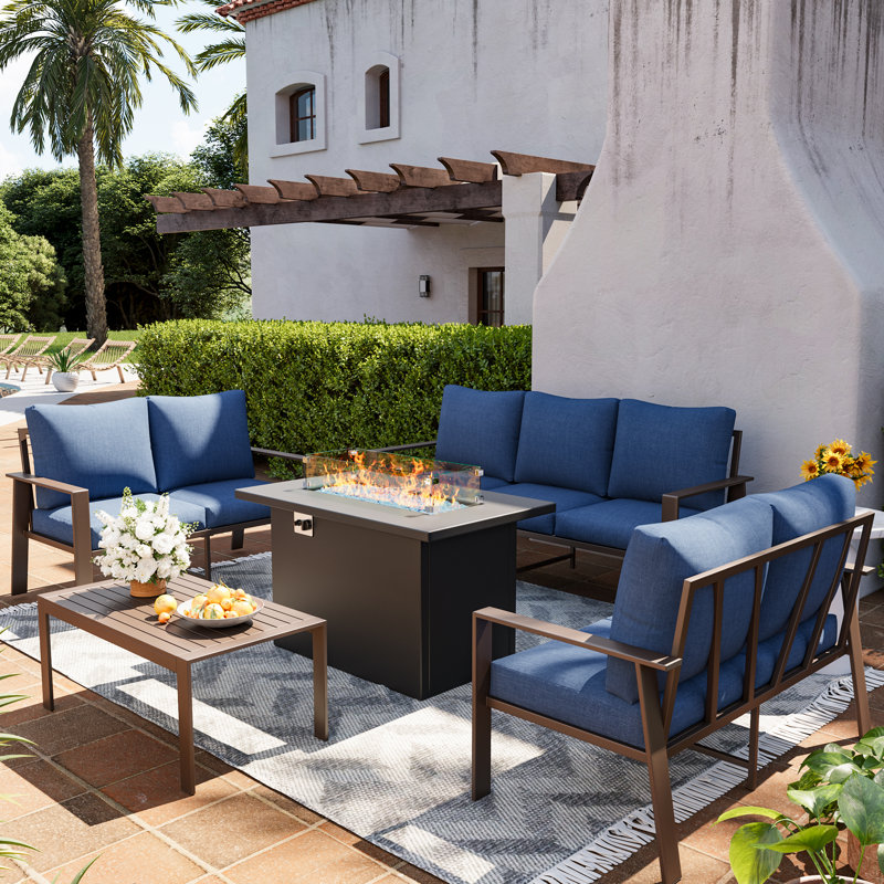 7 Person Sofa Seating Group With Coffee Table, Navy, Yes