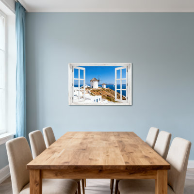 Landscape & Nature White Window View Santorini Windmills Sea Blue Sky