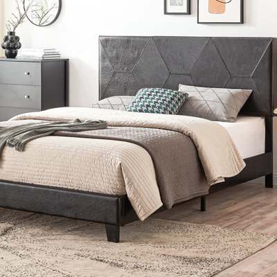 Structure de lit grand tapissier avec tête de lit pliable - Pu noir, support en lattes de bois, simple à assembler, sans sommier, convient aux matelas de 8 pouces et plus, 500 lb de poids moderne en tissu pu, facile