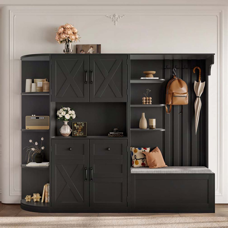 Arbre d'entrée avec rangement et 4 crochets, armoire de rangement, Noir