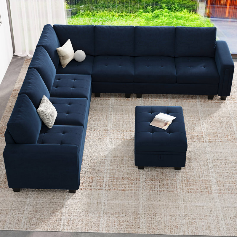 Skerl 7 - Piece Large L Shaped Velvet Modular Sofa Living room Corner Sofa Sectional Couch with Storage Ottoman