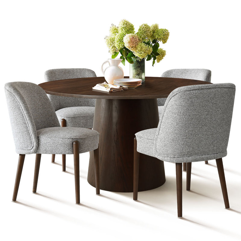 4 - Person Dining Table Sets With 52'' Solid Wood Round Table & 4 Upholstered Linen Chairs, Gray