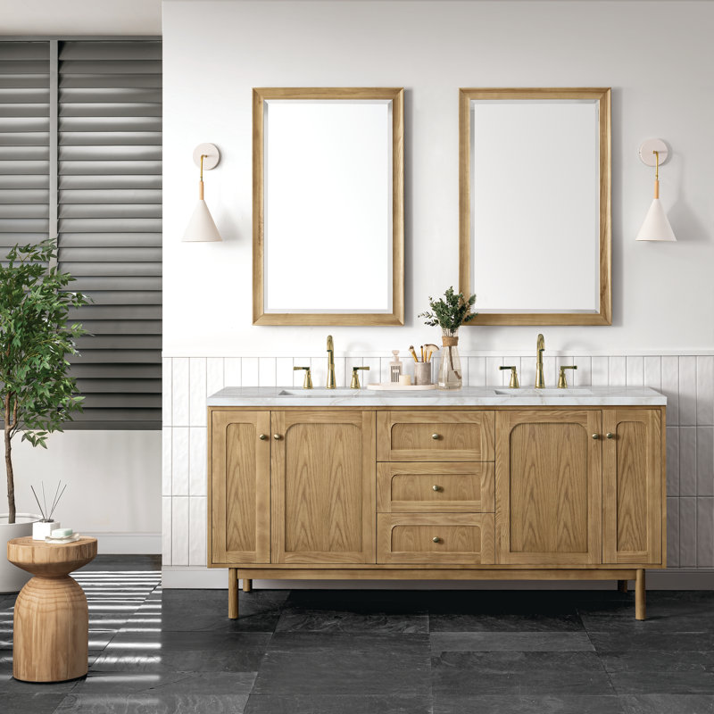 Laurent 72'' Double Bathroom Vanity with Top, Victorian Silver, 8" Widespread, Light Natural Oak