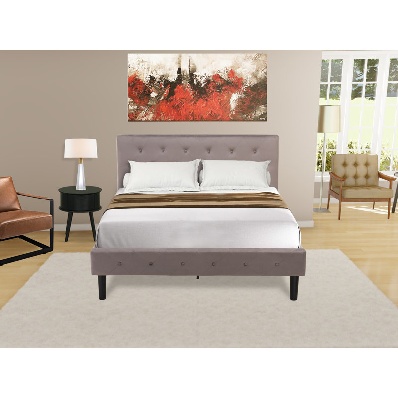 Ensemble de chambre à coucher 2 pièces - Structure de lit plateforme capitonnée - Tête de lit tapissier en velours taupe brun et table de chevet à finition noire