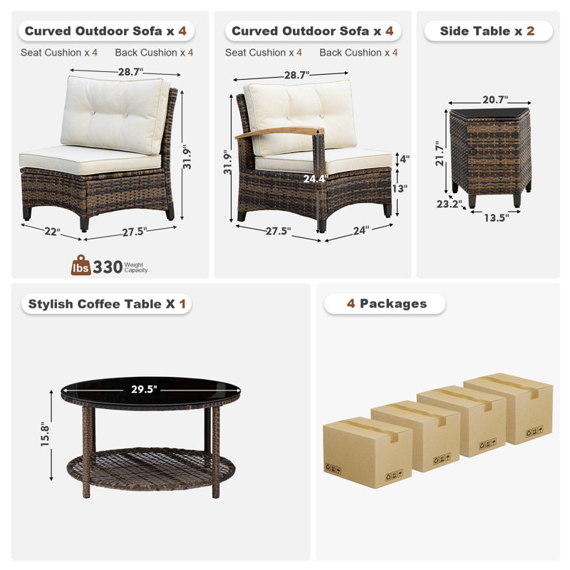 11 Piece Outdoor Patio Furniture Set, Half-Moon Curved Sectional Sofa Rattan Conversation Set With Wood Armrests, Coffee Table & 2 Side Table