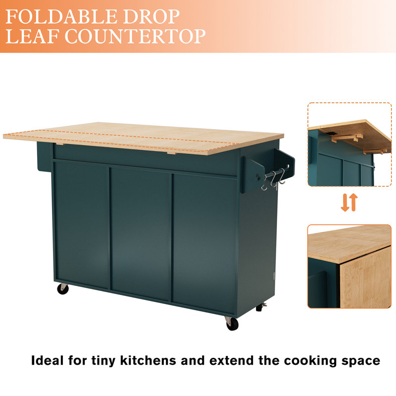 Jaye 51.7" Kitchen Island on Wheels with Storage Cabinet with Drop Leaf Countertop, Green