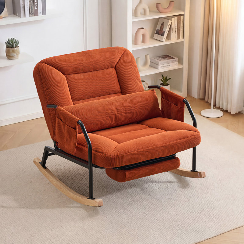 Big And Tall Upholstered Rocking Chair With Metal Frame ，Corduroy Upholstered Glider Rocker with Retractable Footrest and Wood Sled Base
