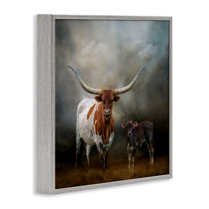 Art à giclée de longhorn et de veau par Kelley Parker, Estampe numérique Farmhouse, H 24 po x l 24 po