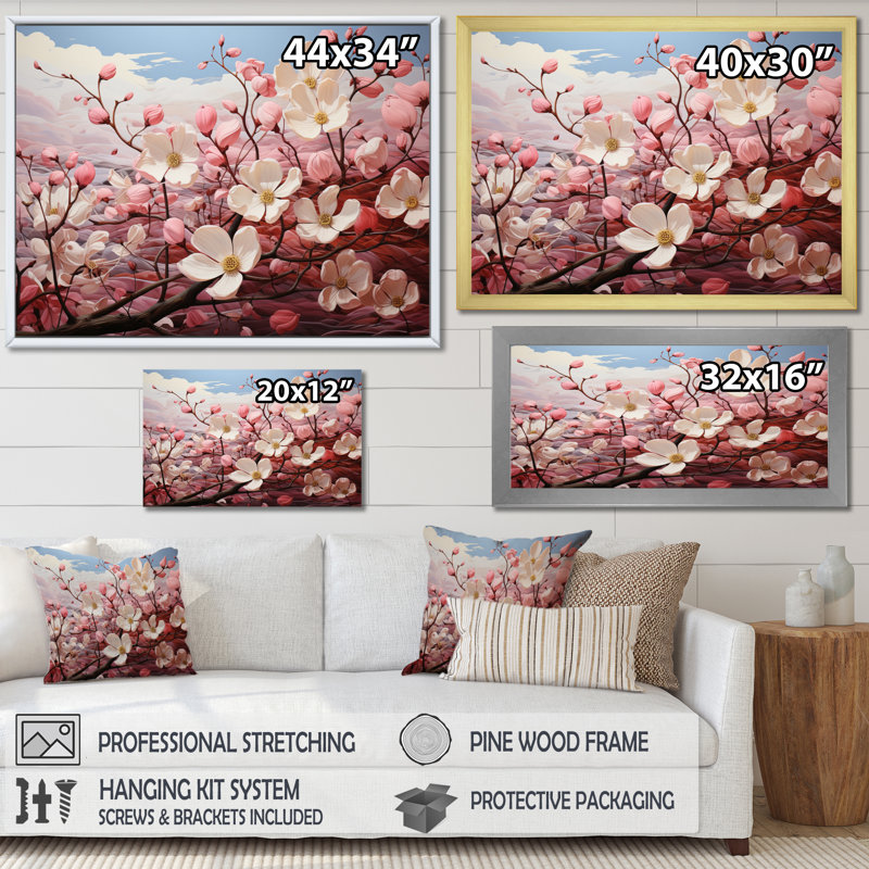 Rose et blanc Dogwood Dream - art mural cornouiller, Cadre naturel flottant, H 12 po x l 20 po x P 1 po