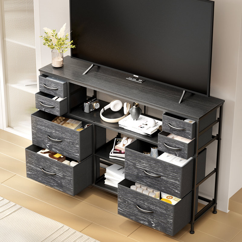 TV Stand For 55" Tvs With Charging Station And LED Lights, Black