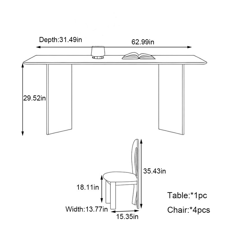 Ensemble de table de salle à manger en bois massif, H 29,52 po x L 62,99 po x l 31,49 po
