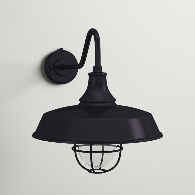 Gunnora 16.75 in. H 1-Light Dark Bronze and Light Gold Dusk to Dawn Sensor Farmhouse Outdoor Wall Sconce, Gooseneck Clear Glass and Metal Cage Shade for Exterior Porch Patio Front Door or Garage