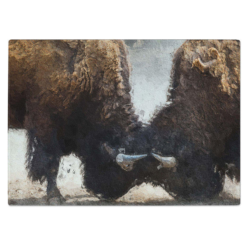 Tempered Glass Battling Bison Chopping Board, 39 cm W x 28.5 cm L