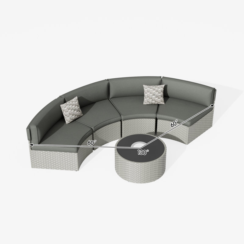 Ensemble de conversation courbé demi-lune pour 4 personnes avec table basse Meredithe, Gris