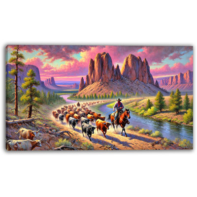 Western Cattle Drive in Canyon Glow Wrapped Canvas Wall Art