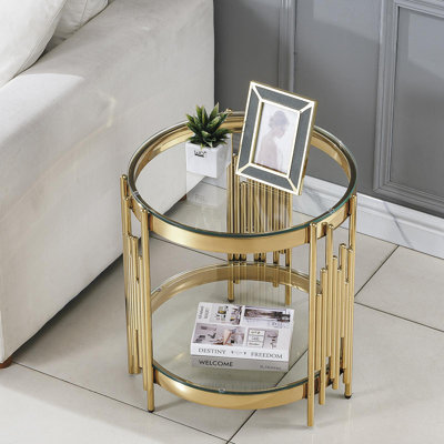 19.7" Wide 2-Tier Round Glass Top End Table Couch Side Table