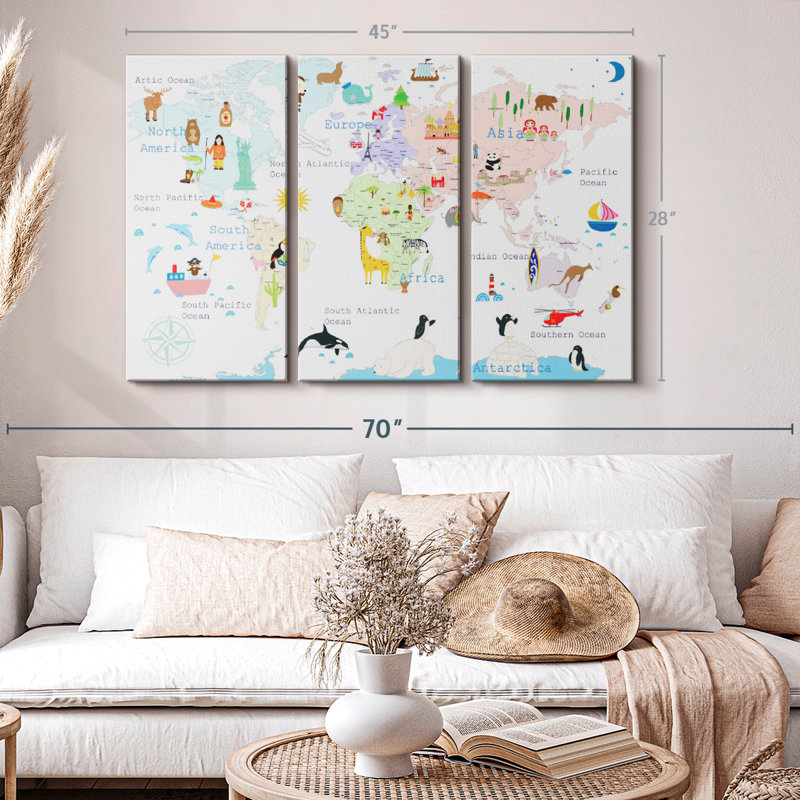 «World Map Continents» sur toile, H 28 po x l 45 po x P 1,25 po