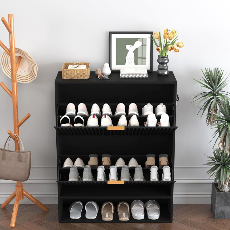 Slim Freestanding Shoe Cabinet, Narrow Fluted Shoe Storage Organizer with Removable Side Hooks, Black