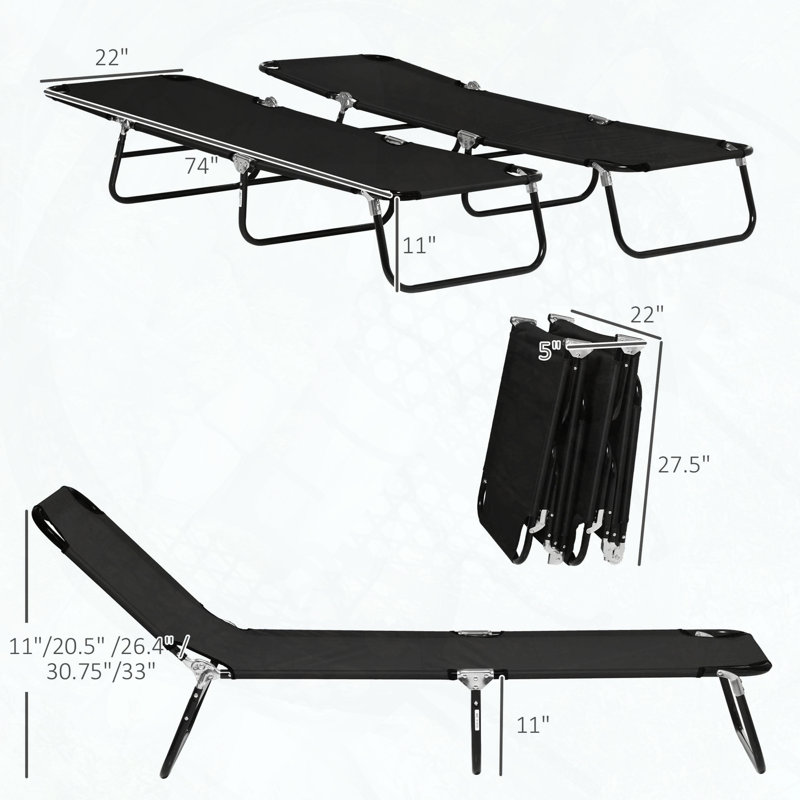 Ensemble de chaises longues 2 pièces avec dossier inclinable à 5 niveaux et siège Oxford, Noir