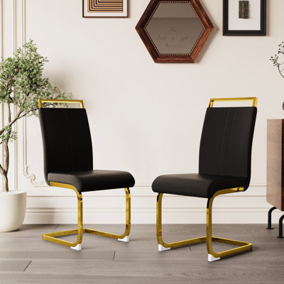 2 pièces de chaises de salle à manger en similicuir PU à haut dossier - avec pattes en métal doré pour le patio, modèle noir de 2 meubles de cuisine modernes, club, meuble-lavabo noir, décor polyvalent