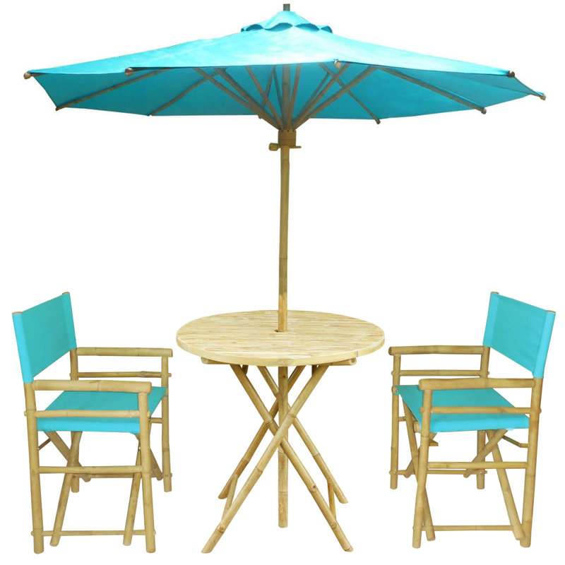 Sinta 2 - Person Bamboo Wood Patio Dining Set with Round Table, Blue Aqua