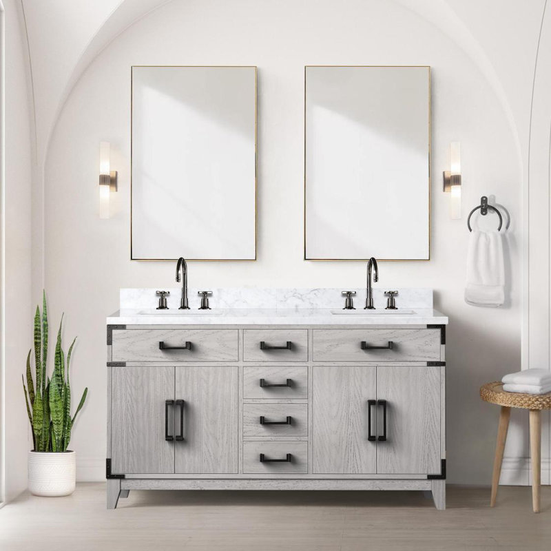 Meuble-lavabo double en chêne blanc 60 po X P 22 po D, Chêne blanc