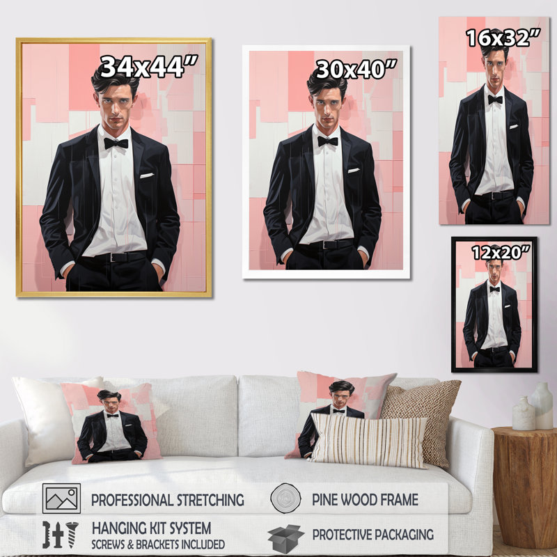 Ikhra Pink Fashion Man Chic II, reproduction d'art sur toile, H 32 po x l 16 po x P 1 po, Cadre flottant noir