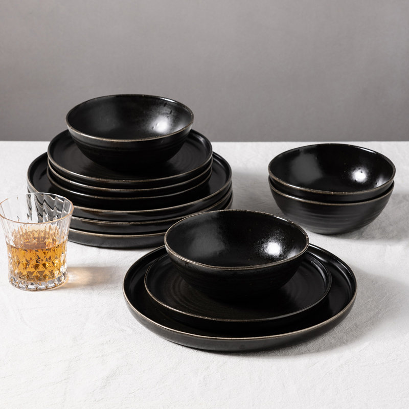  12 Piece Stoneware Dinnerware Set - Service For 4, Black
