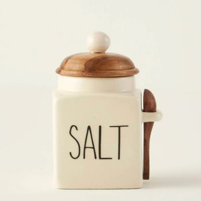 Pot en céramique avec couvercle et cuillère en acacia Salt